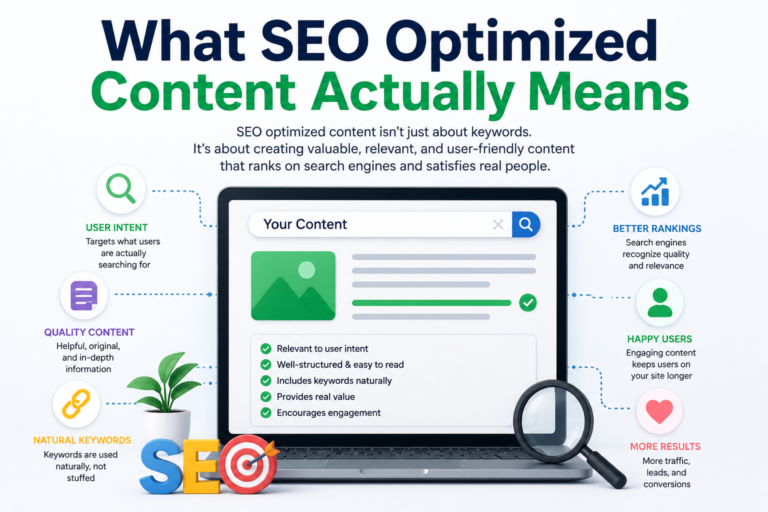 Modern SEO infographic showing a laptop with optimized content checklist, search icons, keyword strategy, user intent, quality content, and ranking growth elements explaining what SEO optimized content means.