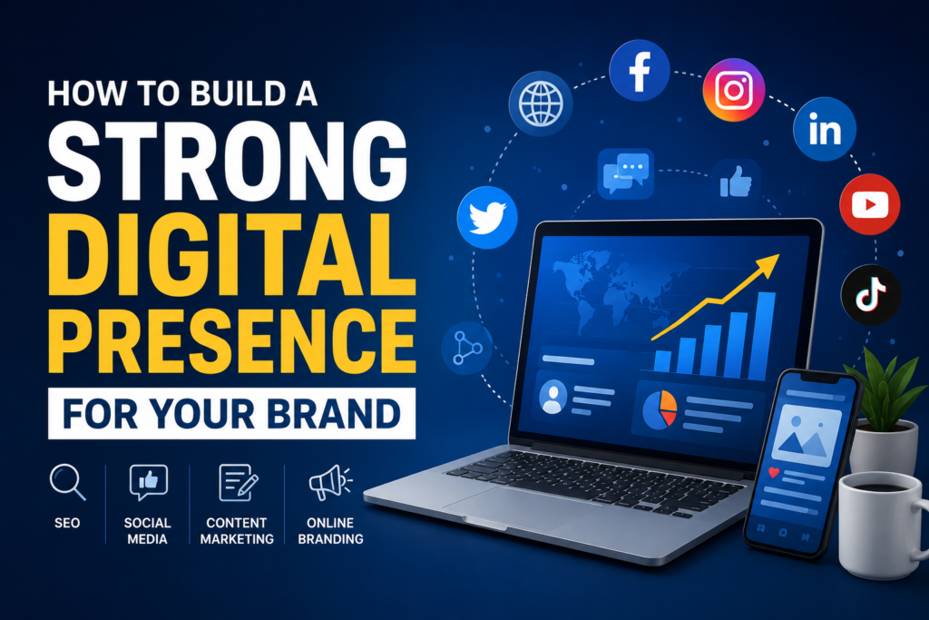 Modern digital marketing banner showing a laptop with analytics dashboard, social media icons, and branding elements representing SEO, content marketing, and online growth strategies for building a strong digital presence.
