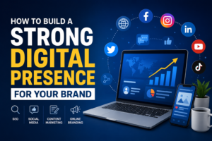 Modern digital marketing banner showing a laptop with analytics dashboard, social media icons, and branding elements representing SEO, content marketing, and online growth strategies for building a strong digital presence.