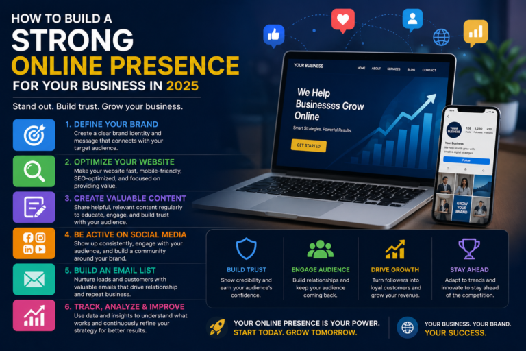 Modern digital marketing infographic showing strategies to build a strong online presence in 2025, including branding, website optimization, content creation, social media marketing, email marketing, and business growth analytics.