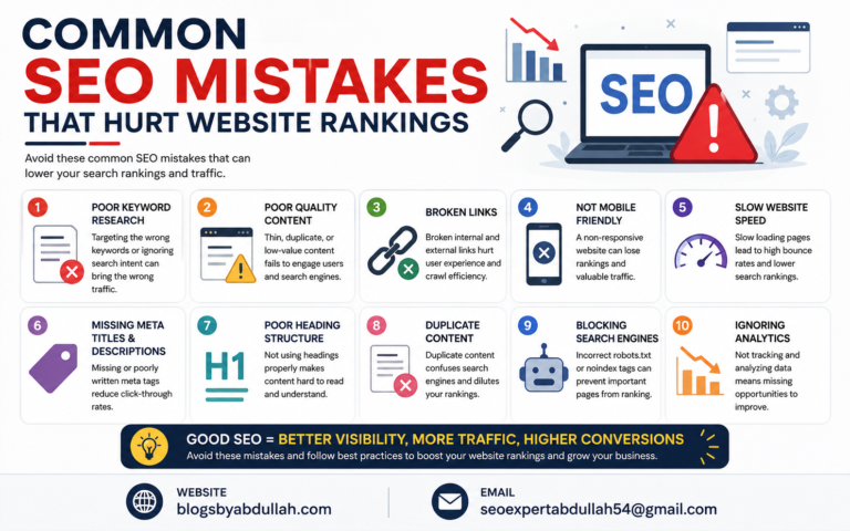 Infographic showing the top SEO mistakes that hurt website rankings, including poor keyword research, broken links, slow website speed, duplicate content, and missing meta descriptions.
