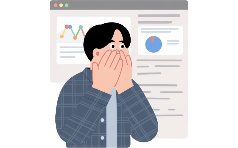 Illustration of a worried website owner reviewing SEO analytics and ranking issues on a computer dashboard.