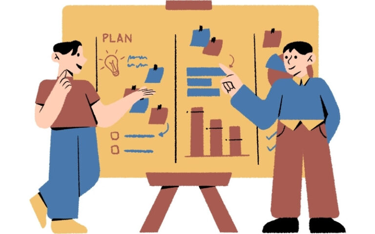 Illustration of two people discussing SEO strategy and website planning using charts, notes, and performance analysis on a presentation board.