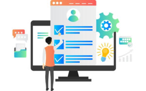Illustration of a person interacting with a large digital checklist on a computer screen, surrounded by productivity and workflow icons such as a gear, light bulb, calendar, chat bubbles, and growth chart.