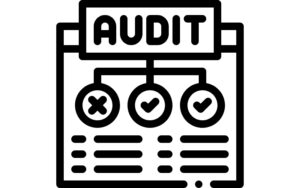 Black and white icon illustration of an audit checklist featuring approval and rejection symbols, representing auditing, inspection, compliance, or quality control processes.