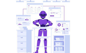 Illustration of a purple humanoid robot working at a desk surrounded by digital screens, documents, and interface panels, representing artificial intelligence, automation, and smart office technology.