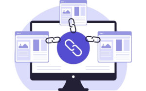 Illustration of a computer monitor connected to multiple web pages with chain link icons, representing backlinks, link building, website connectivity, and SEO strategies.