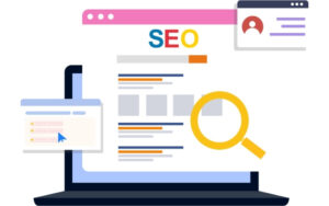 Illustration of a laptop displaying SEO-related web pages with a magnifying glass, search results, and browser windows, representing search engine optimization, website analysis, and online visibility.