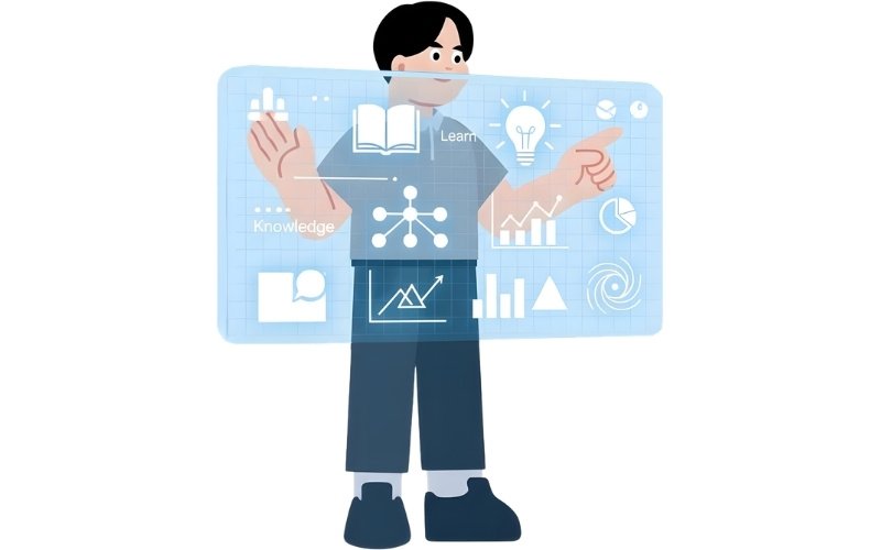 Illustration of a person using a digital dashboard with analytics, charts, learning icons, and marketing data representing the journey to becoming a digital marketing expert.