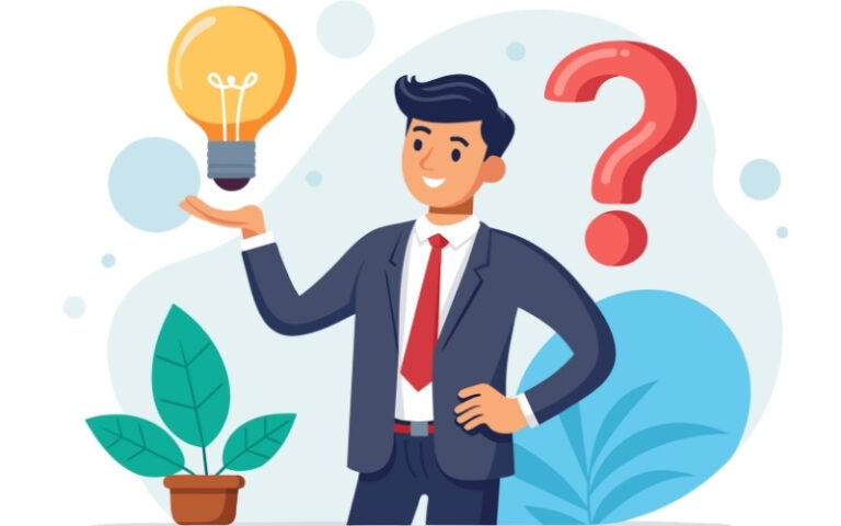 Illustration of a businessman holding a glowing light bulb with a large question mark in the background, symbolizing creative thinking, ideas, and problem-solving.