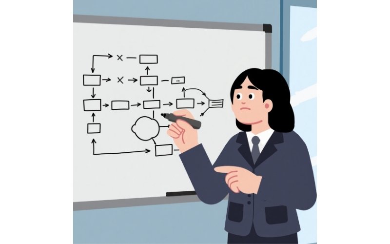 Illustration of a businesswoman explaining a workflow diagram on a whiteboard, representing strategic planning, problem-solving, and process management.