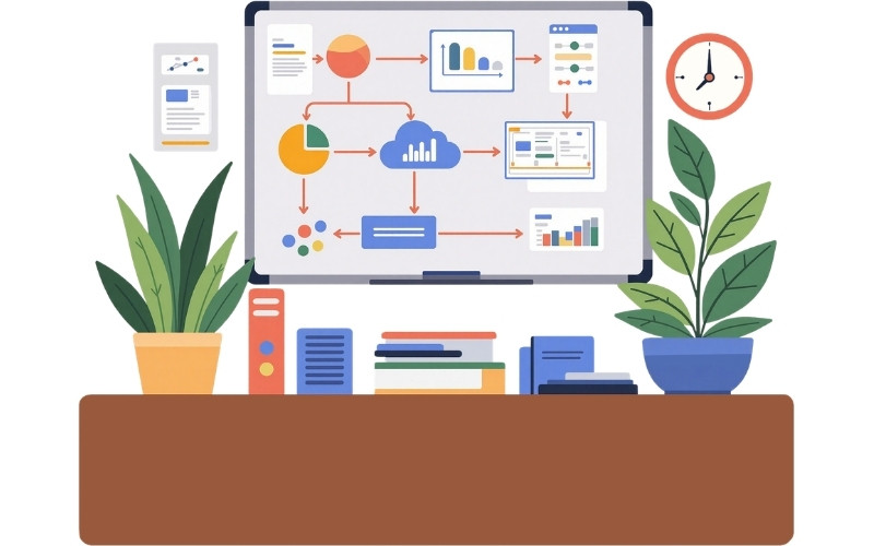Illustration of a digital workflow dashboard displaying charts, analytics, and process diagrams on a screen, symbolizing business management, data analysis, and digital strategy planning.