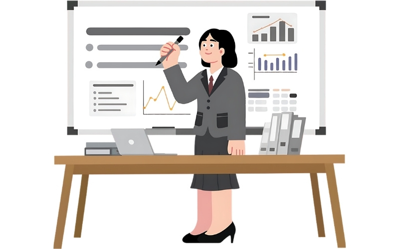 Illustration of a businesswoman presenting charts and performance reports on a whiteboard, representing business analytics, strategic planning, and professional presentations.
