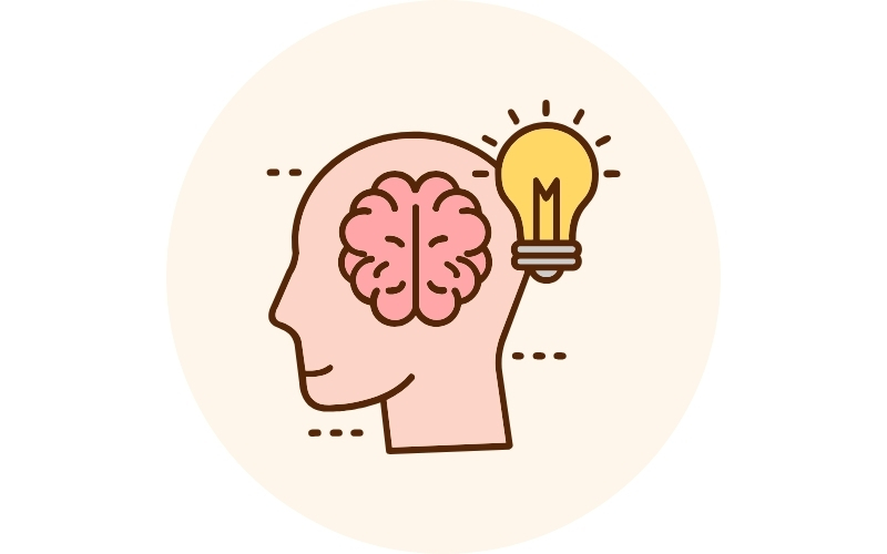 Minimal illustration of a human head with a brain and glowing light bulb, symbolizing creativity, intelligence, innovative thinking, and idea generation.