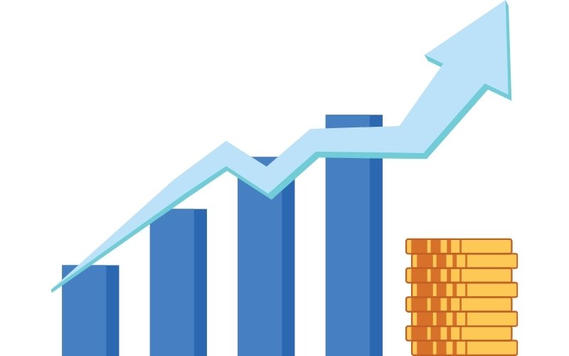 Upward growth chart with increasing blue bars, a rising arrow, and stacked gold coins representing business growth, profit, and financial success.