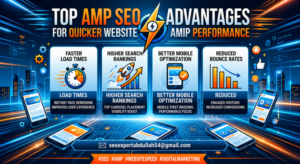 AMP SEO advantages infographic showing faster load times, better rankings, mobile optimization, and lower bounce rates.